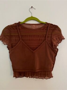 Bozzolo Brown Layered Mesh Camisole Crop Top